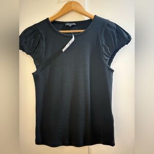 J. Crew Elegant Black Ribbed Top with Gathered Sleeves